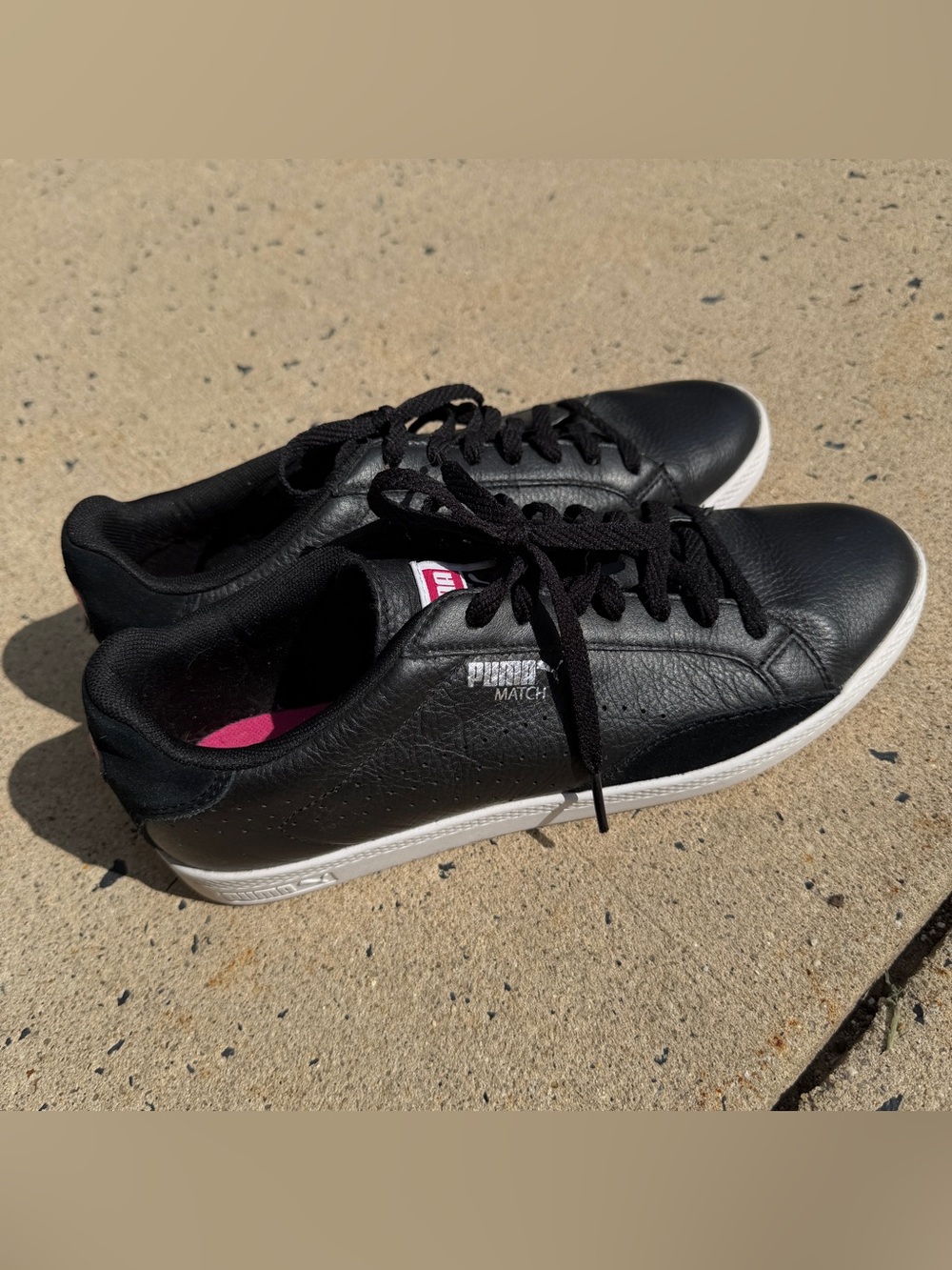 Puma Black Leather Sneakers with White Sole and Pink Insole